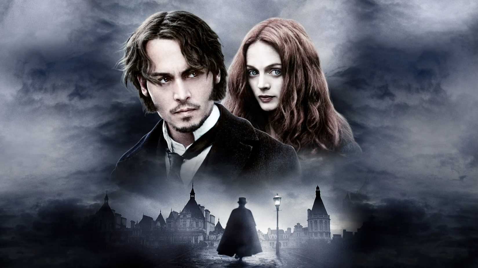Johnny Depp over a London street with a mysterious figure in From Hell