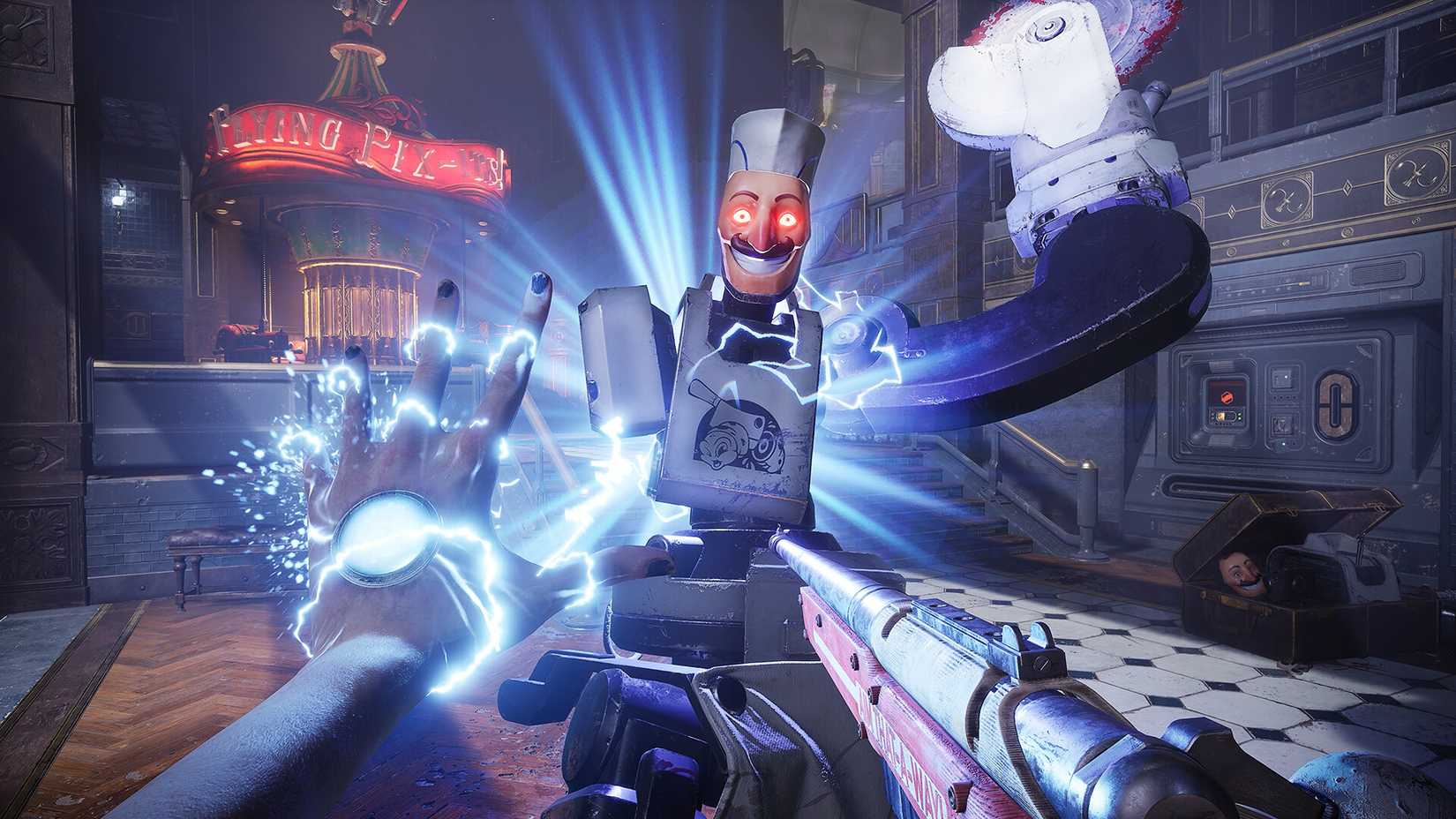 The player aiming a gun at a chef-like robot attacking them in Judas.