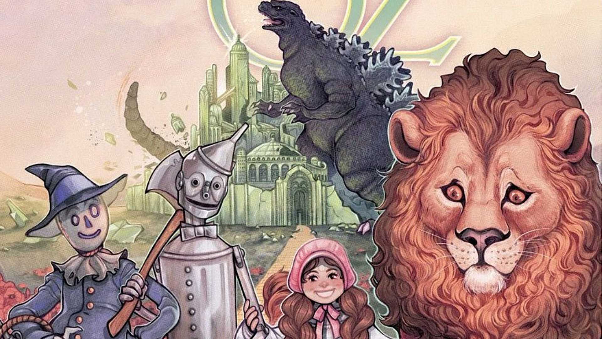 The Kaiju of Oz main cover art featuring Dorthy Tin Man Lion and Scarecrow