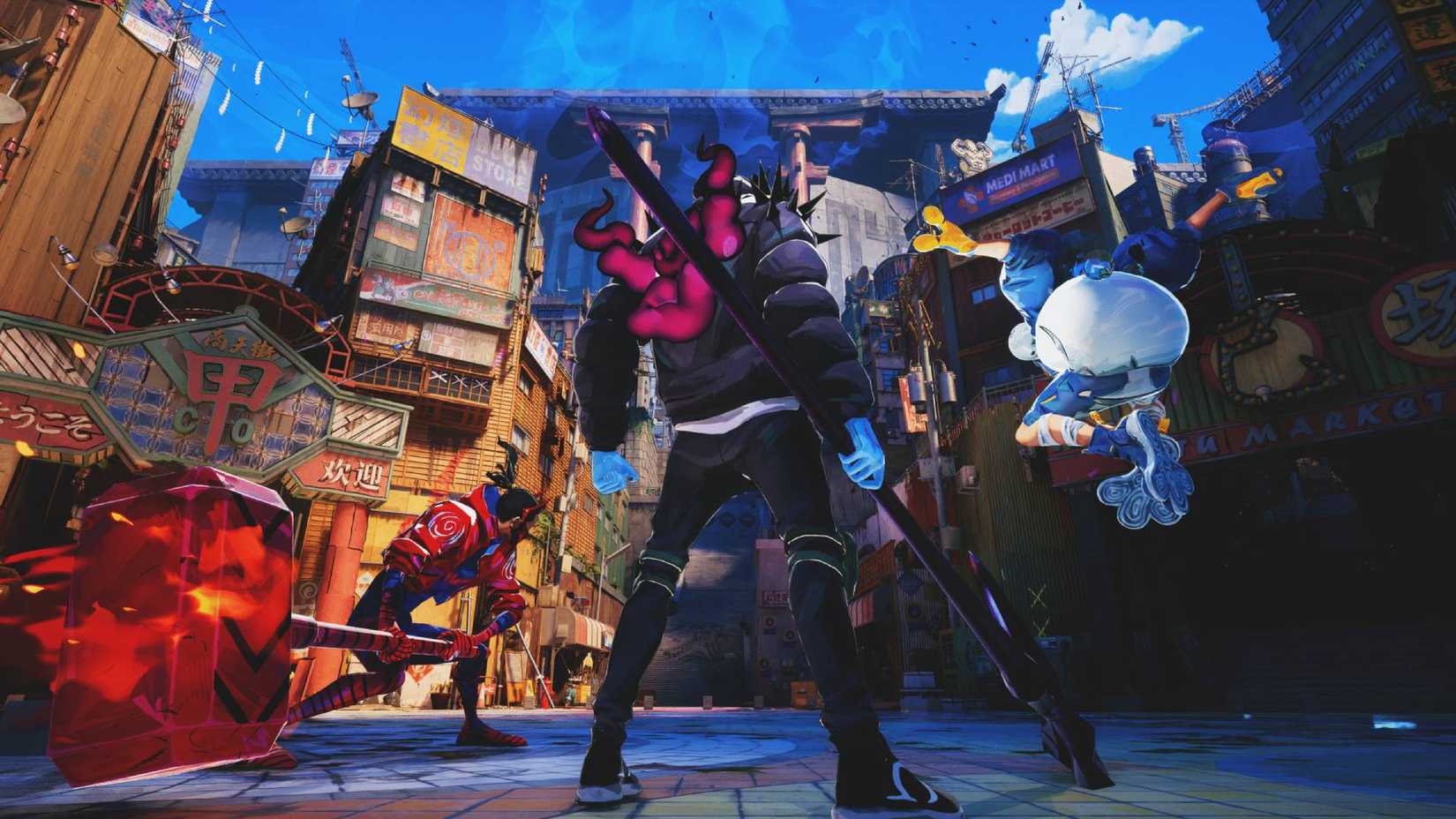 Three characters standing in a city in Kemuri.