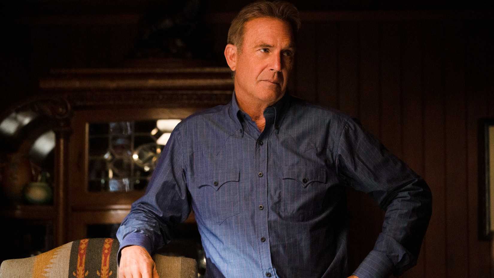 Kevin Costner as John Dutton wearing blue shirt in Yellowstone