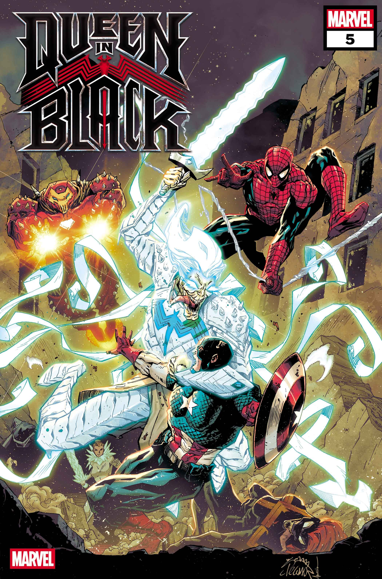 Knull fights Captain America, Iron Man, and Spider-Man in Queen in Black #5