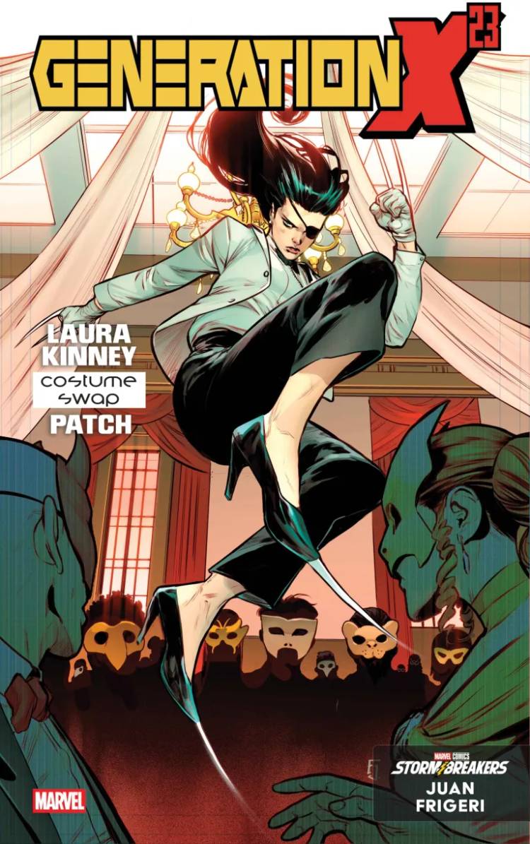 Laura Kinney wears Wolverine's Patch costume in Generation X-23 #6 Hellfire costume swap cover by Juan Frigeri