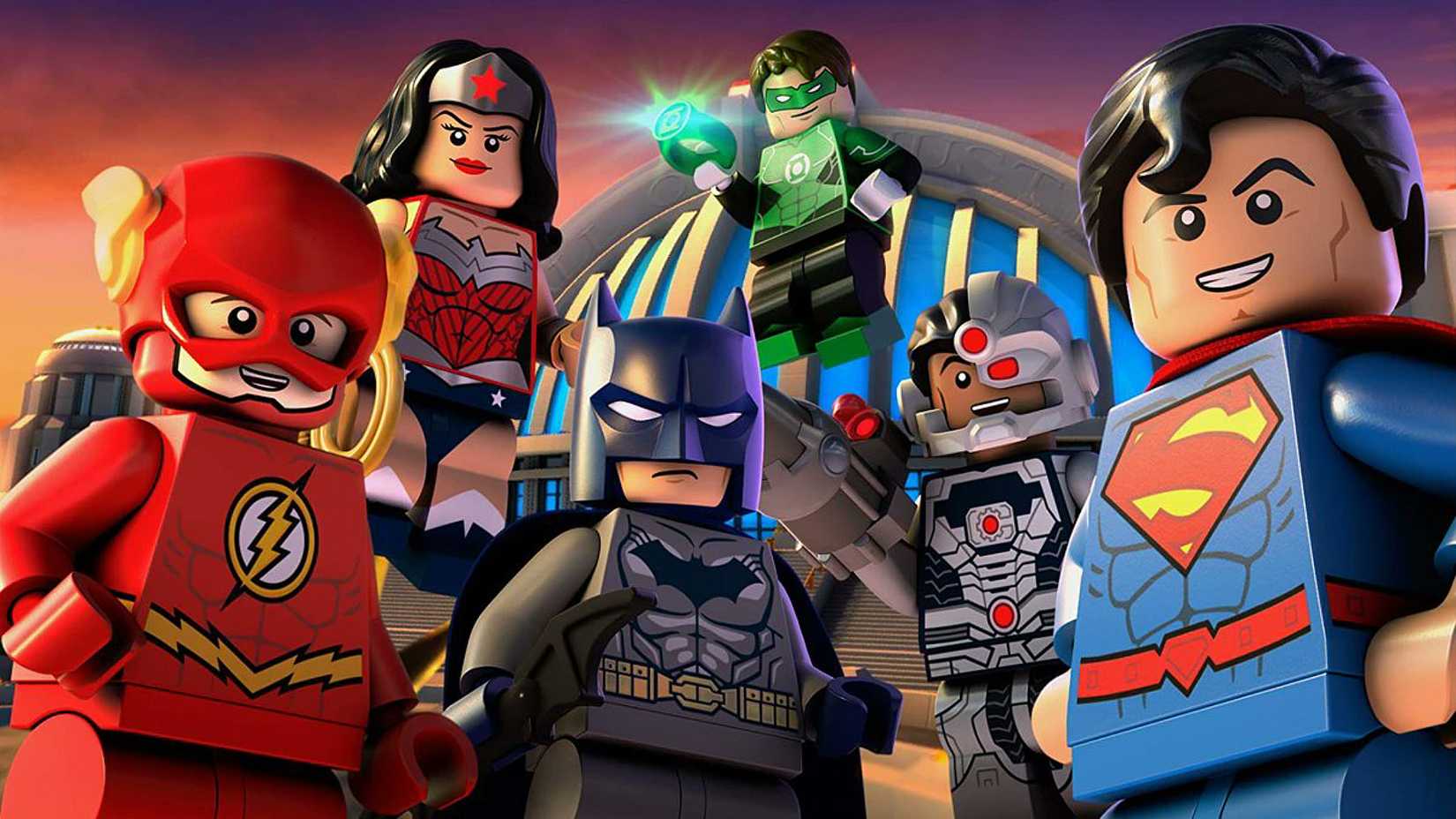 Superman, Cyborg, Flash, Wonder Woman, Green Lantern, and Batman standing together from LEGO Justice League.