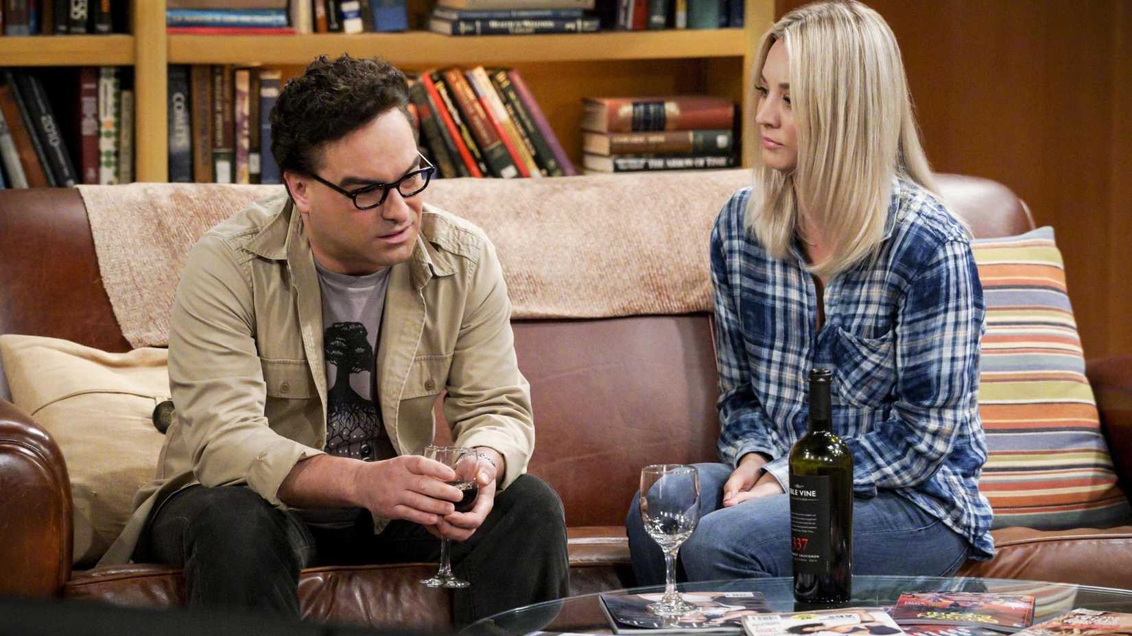 Leonard and Penny looking serious on a couch in The Big Bang Theory season 11