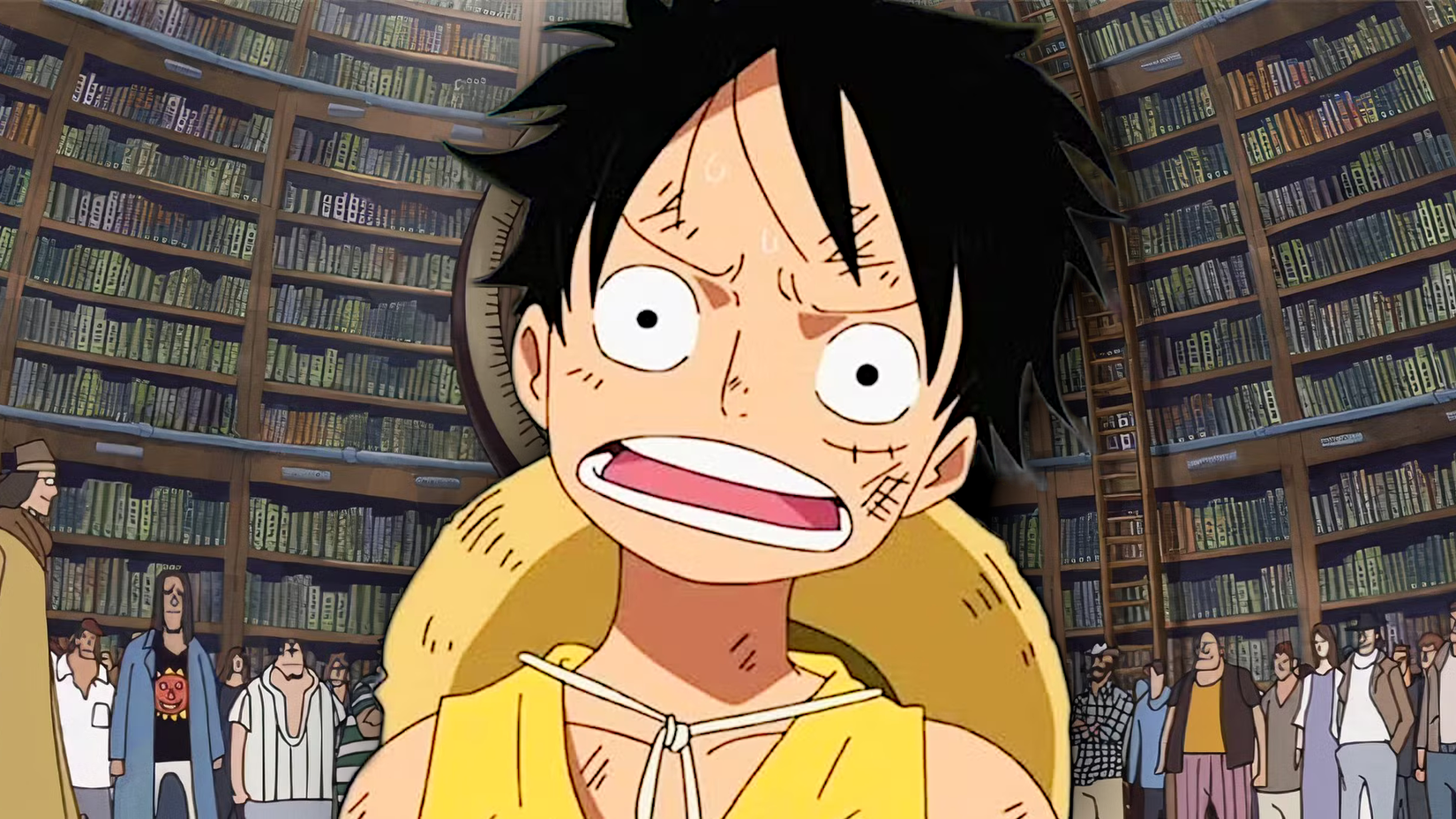 Luffy with Ohara Library behind him