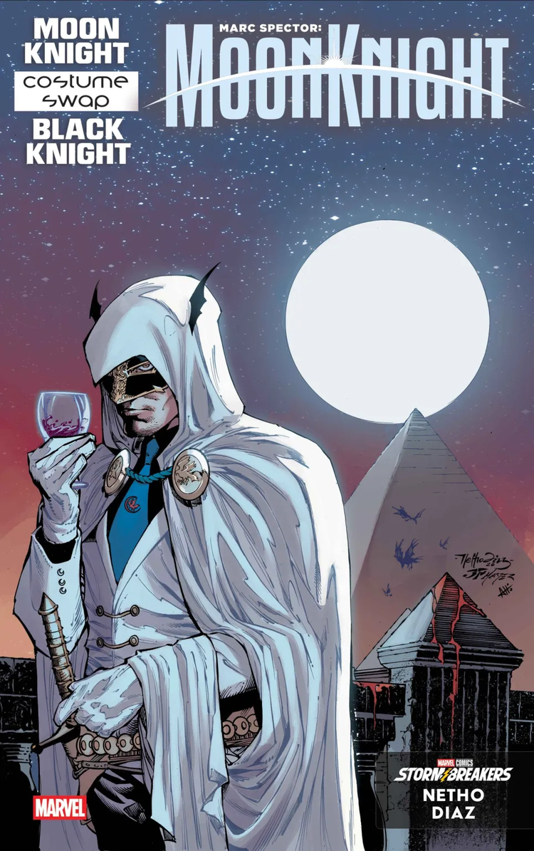 Marc Spector wears Black Knight's armor in Moon Knight #6 Hellfire costume swap variant by Netho Diaz