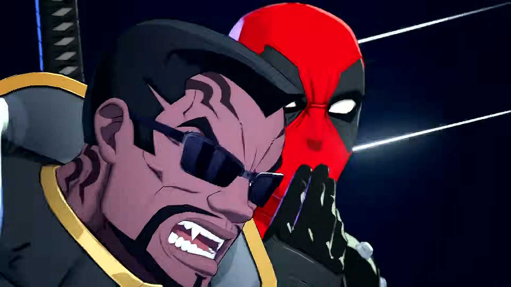 Blade with his fangs out next to a shocked Deadpool in Marvel Tokon: Fighting Souls.