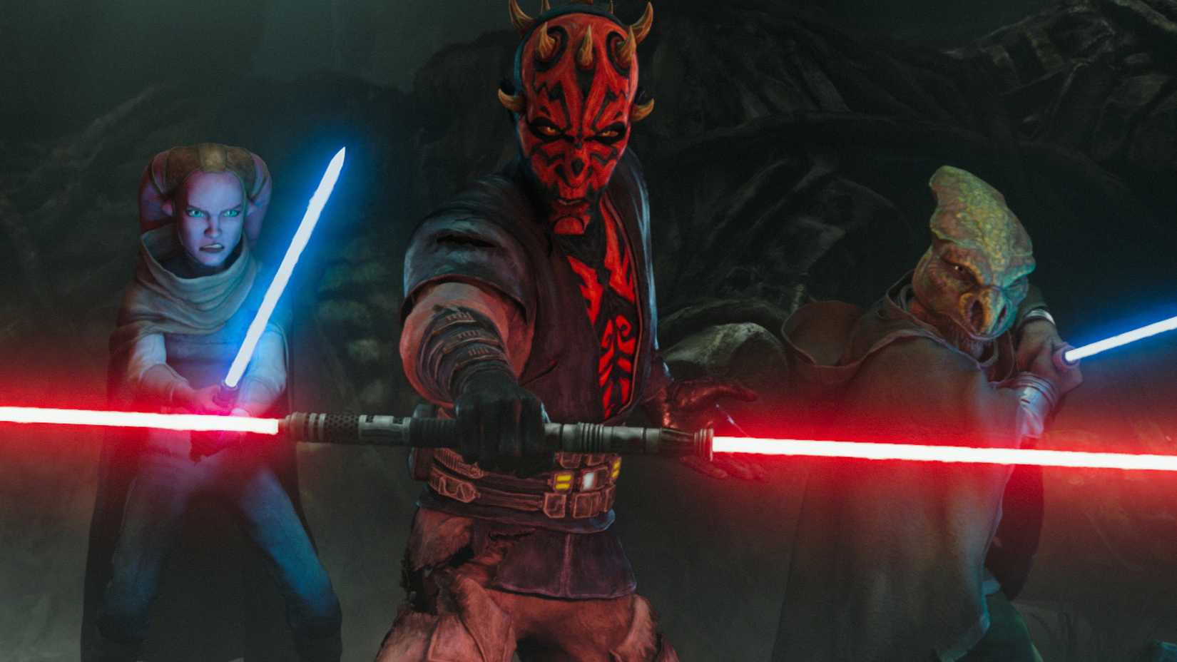 Master Eeko-Dio Daki and Gideon Adlon hold lightsabers while standing behind Maul in Star Wars: Maul – Shadow Lord