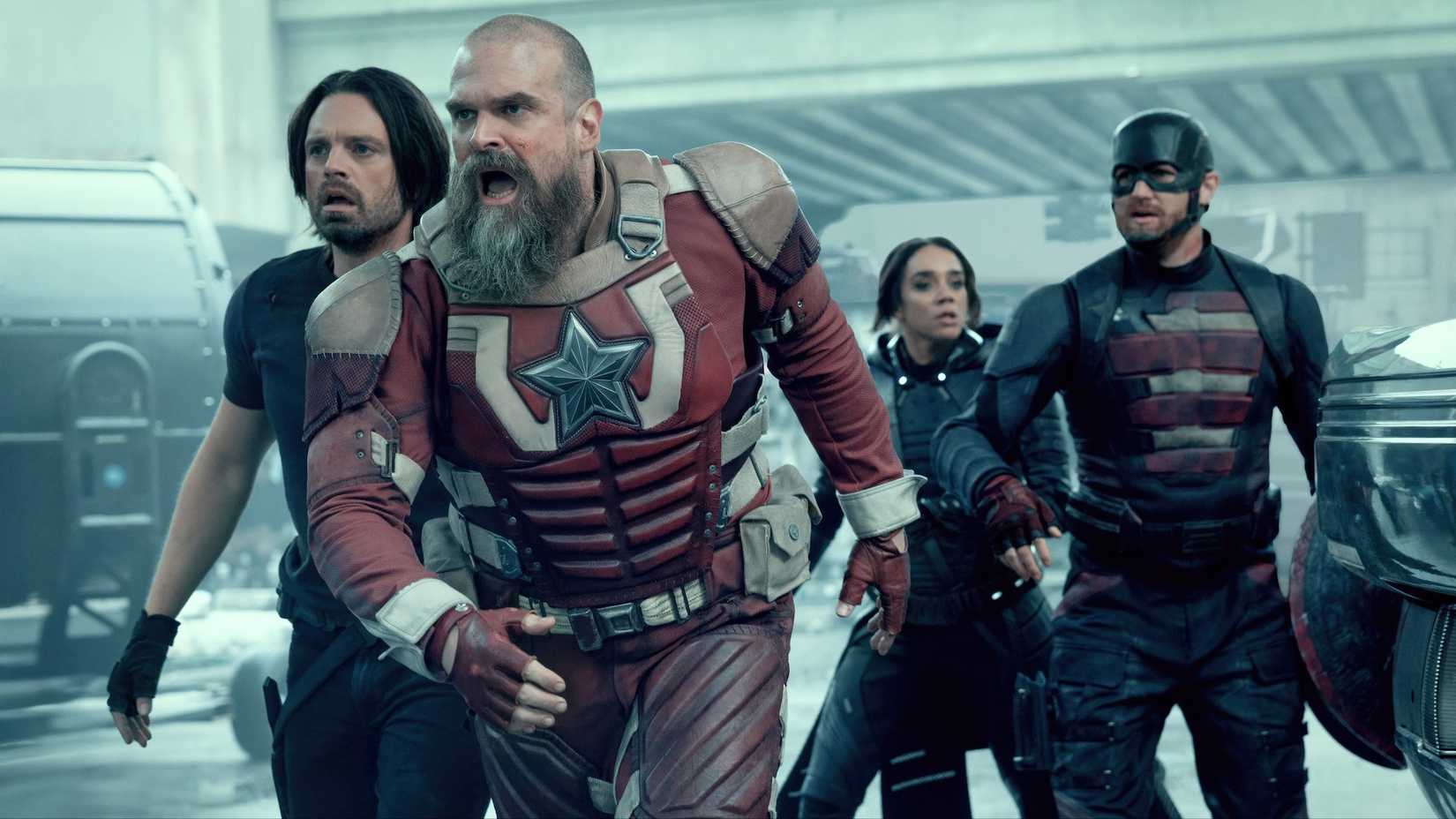 Bucky Barnes, Red Guardian, Ghost, and U.S. Agent standing outside wrecked building in Thunderbolts*