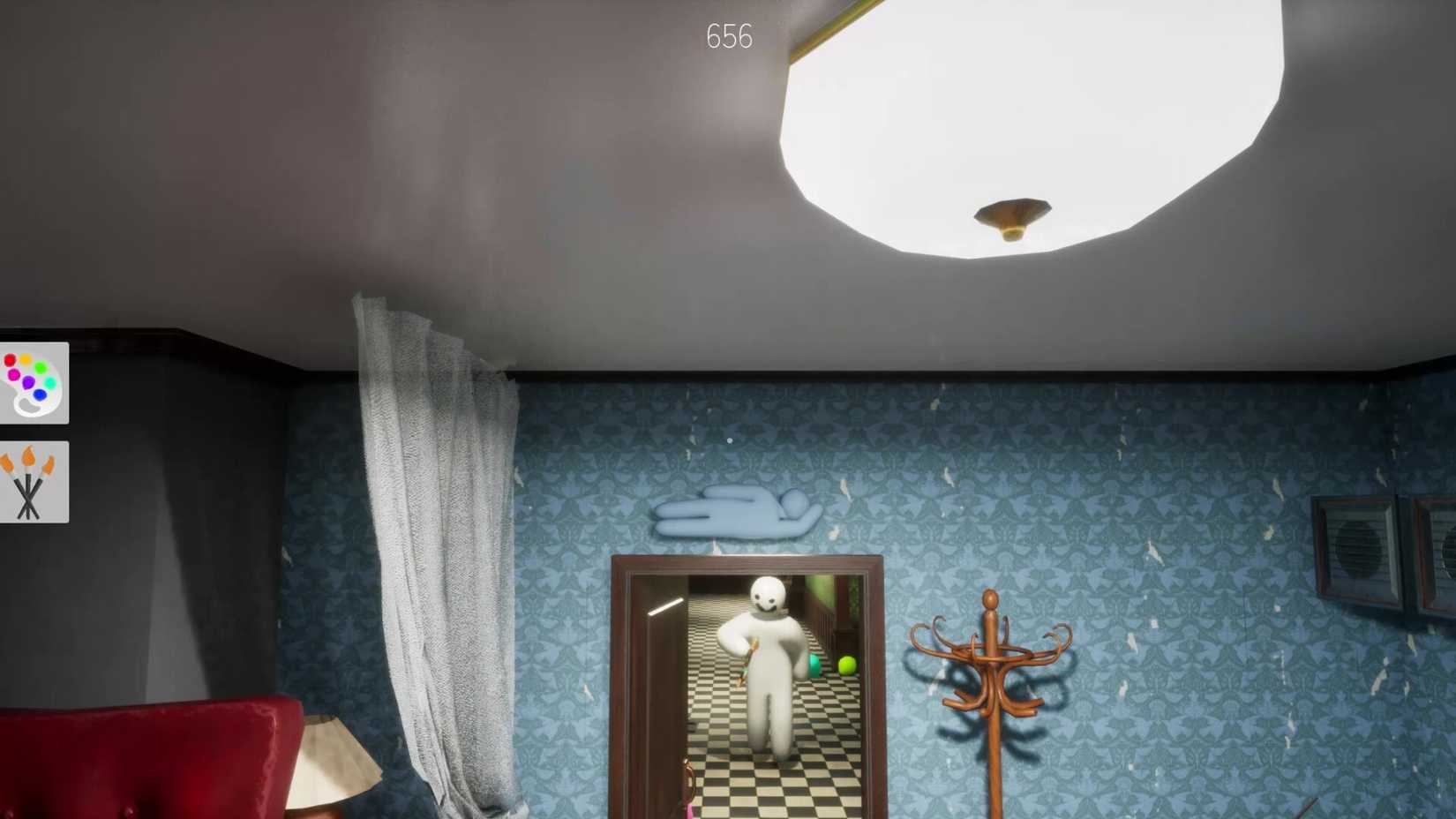 A player hiding above a door while another searches for them in Meccha Chameleon.