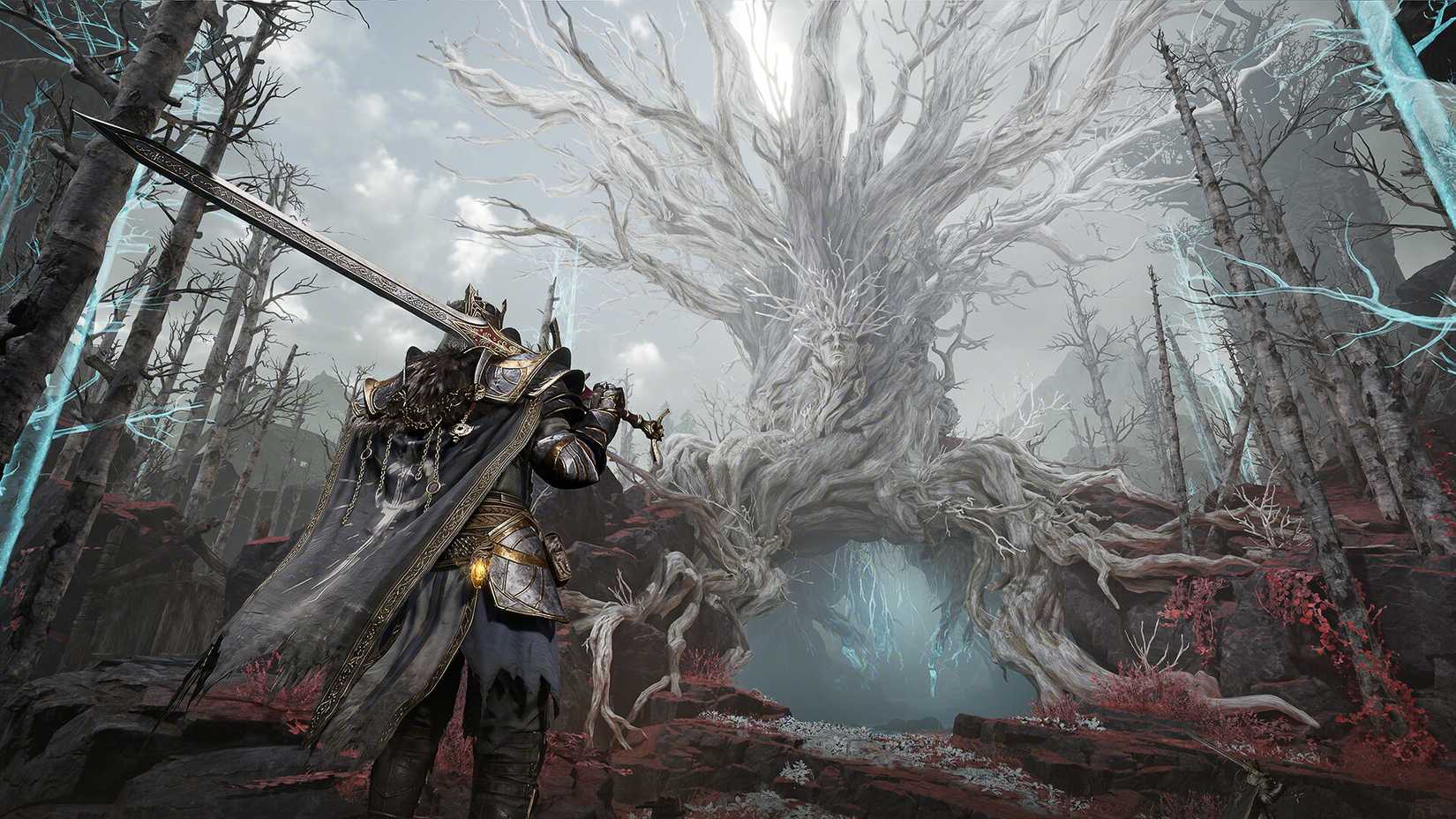 Mistfall Hunter fighter standing before a barren tree