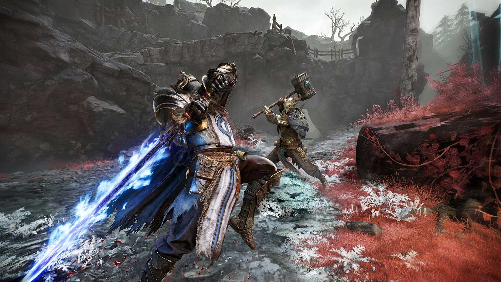 The player lunging at an enemy with a glowing sword in Mistfall Hunter.