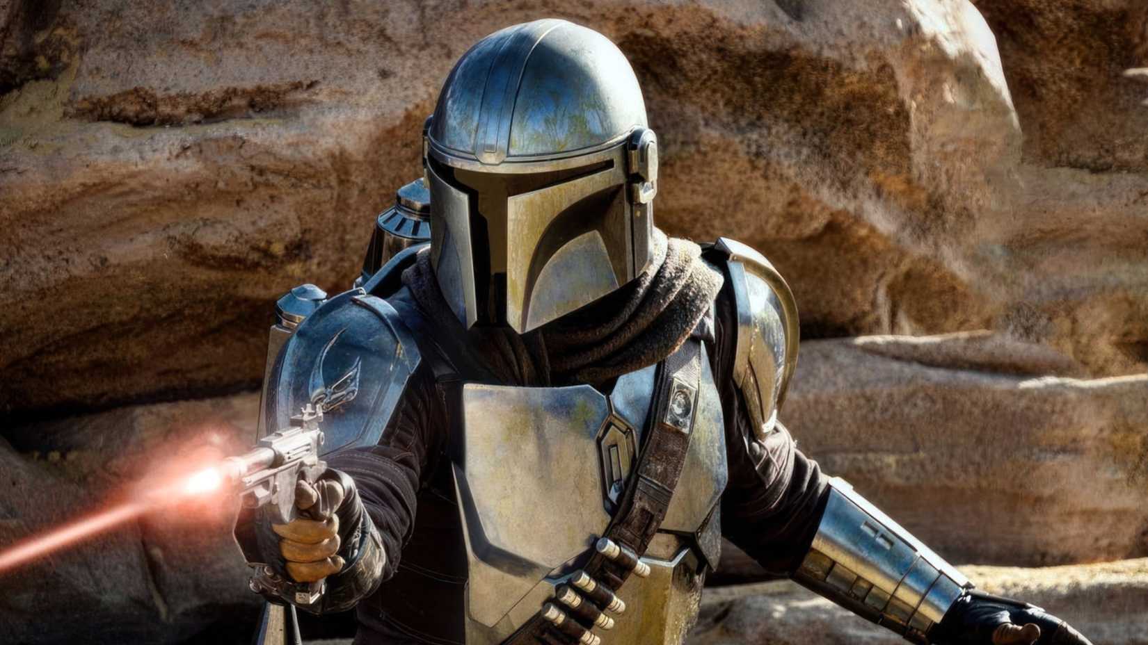 Din Djarin firing a blaster in The Mandalorian