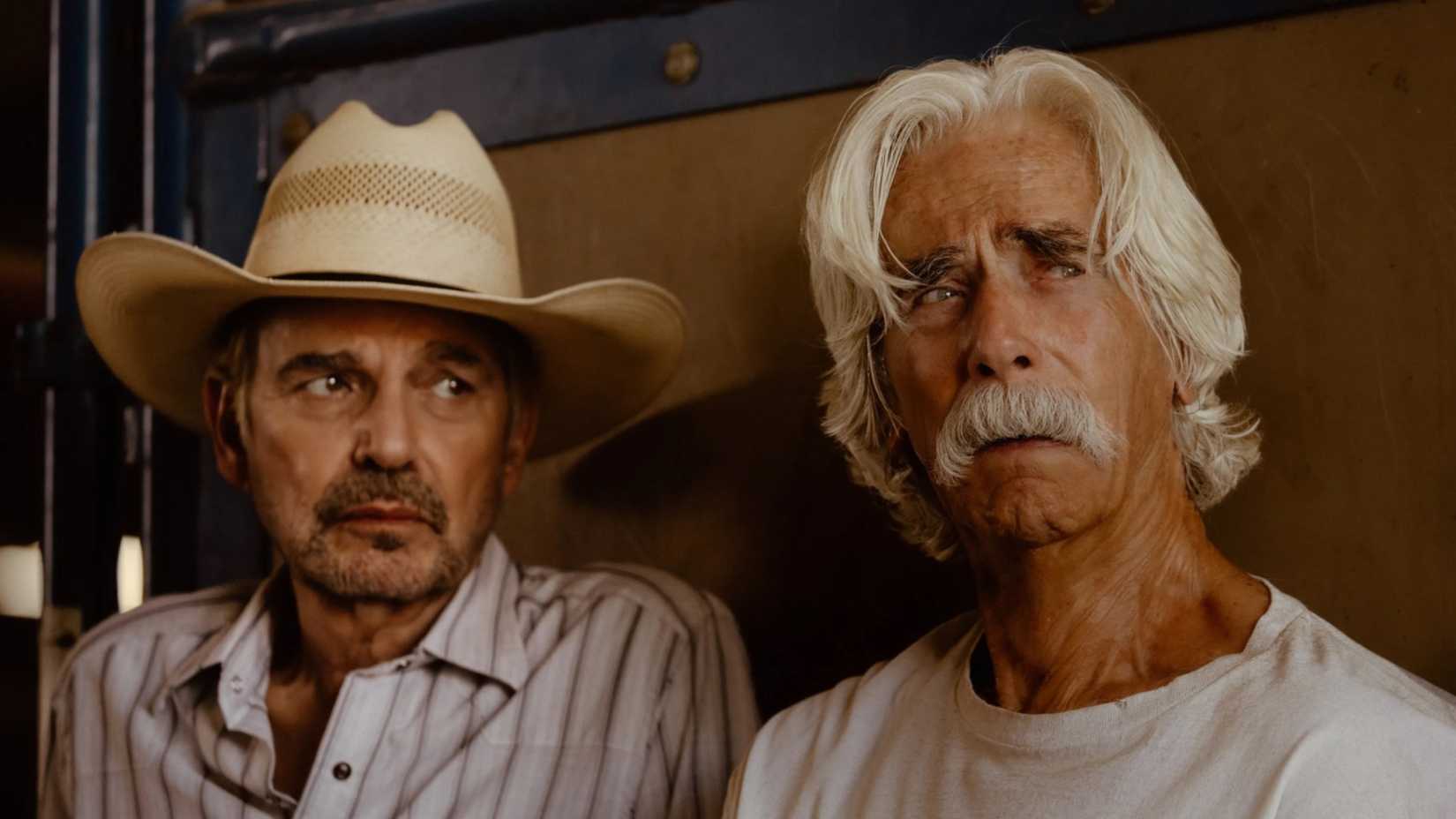 Billy Bob Thornton looking at Sam Elliott in Landman season 2, episode 6