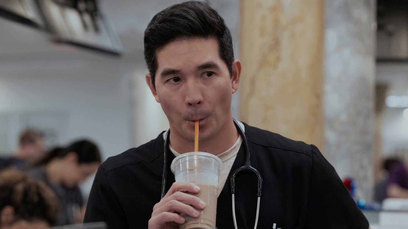 Dr. Chen drinking iced coffee in The Pitt season 2