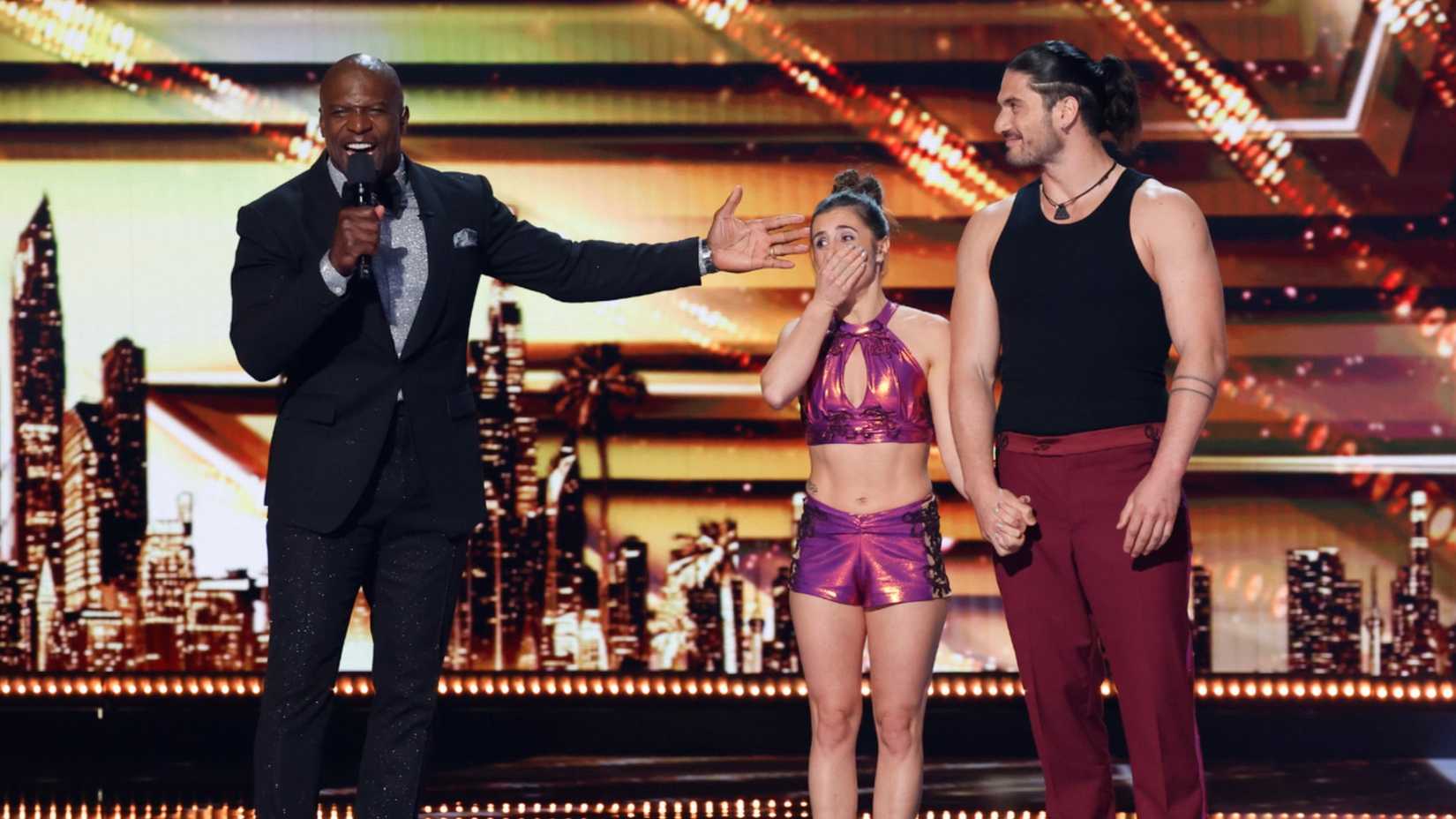 Terry Crews presenting contestants Sirca Marea in America's Got Talent season 20 quarterfinals
