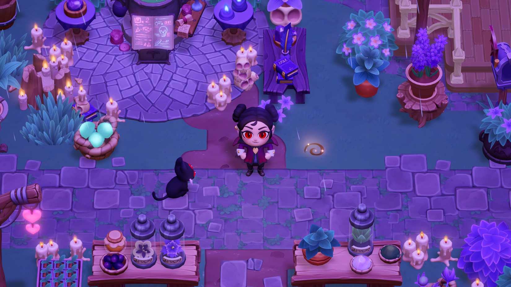 Moonlight Peaks screenshot of player standing in front of potion making materials