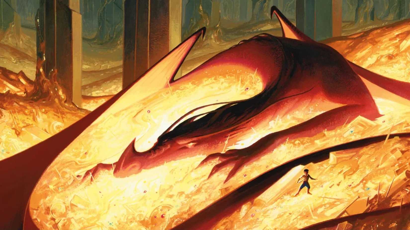 אמנות מ-The Hobbit Magic: The Gathering סט המתאר את בילבו לצד סמאוג ישן.