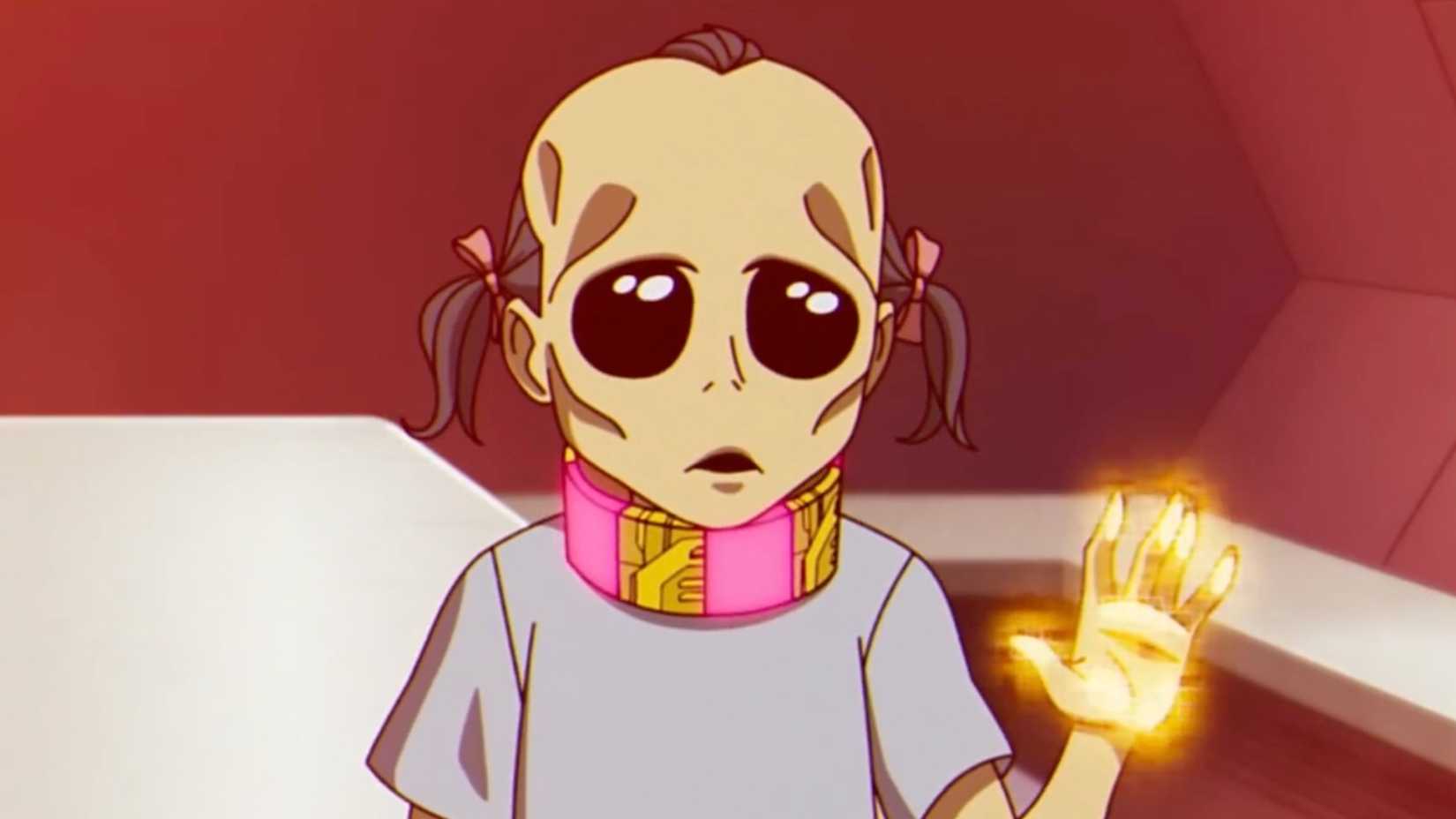 A little mutant girl with large black eyes and a skull-like face putting her hand up against an energy barrier