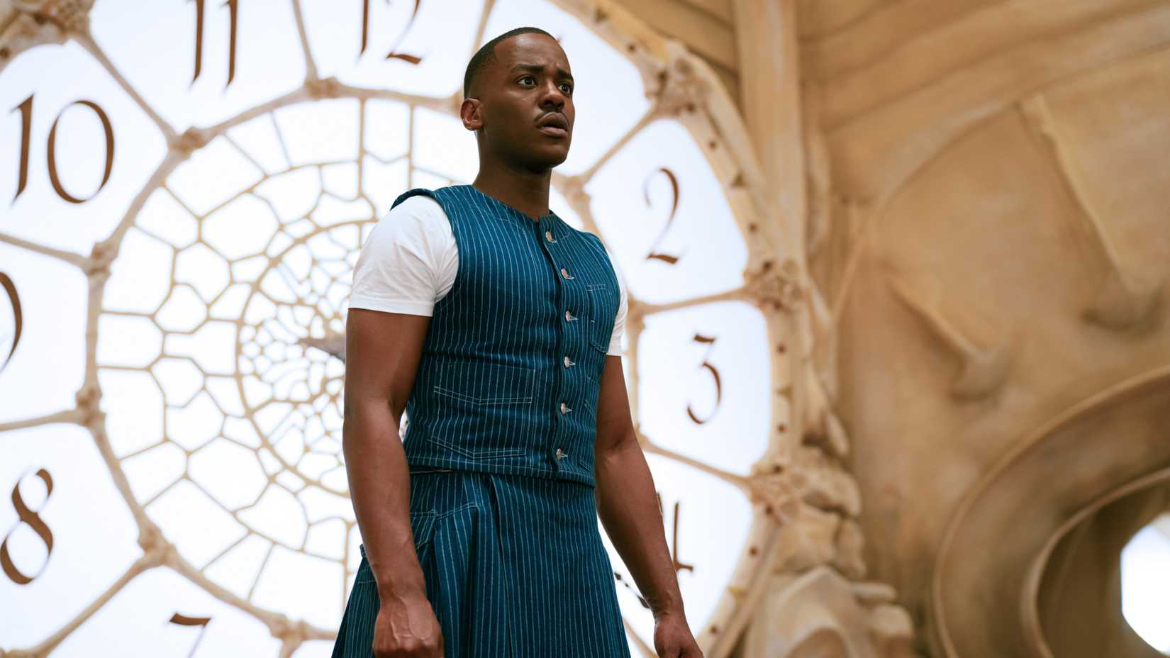 Ncuti Gatwa as the Fifteenth Doctor standing in front of a giant clock in Doctor Who season 15