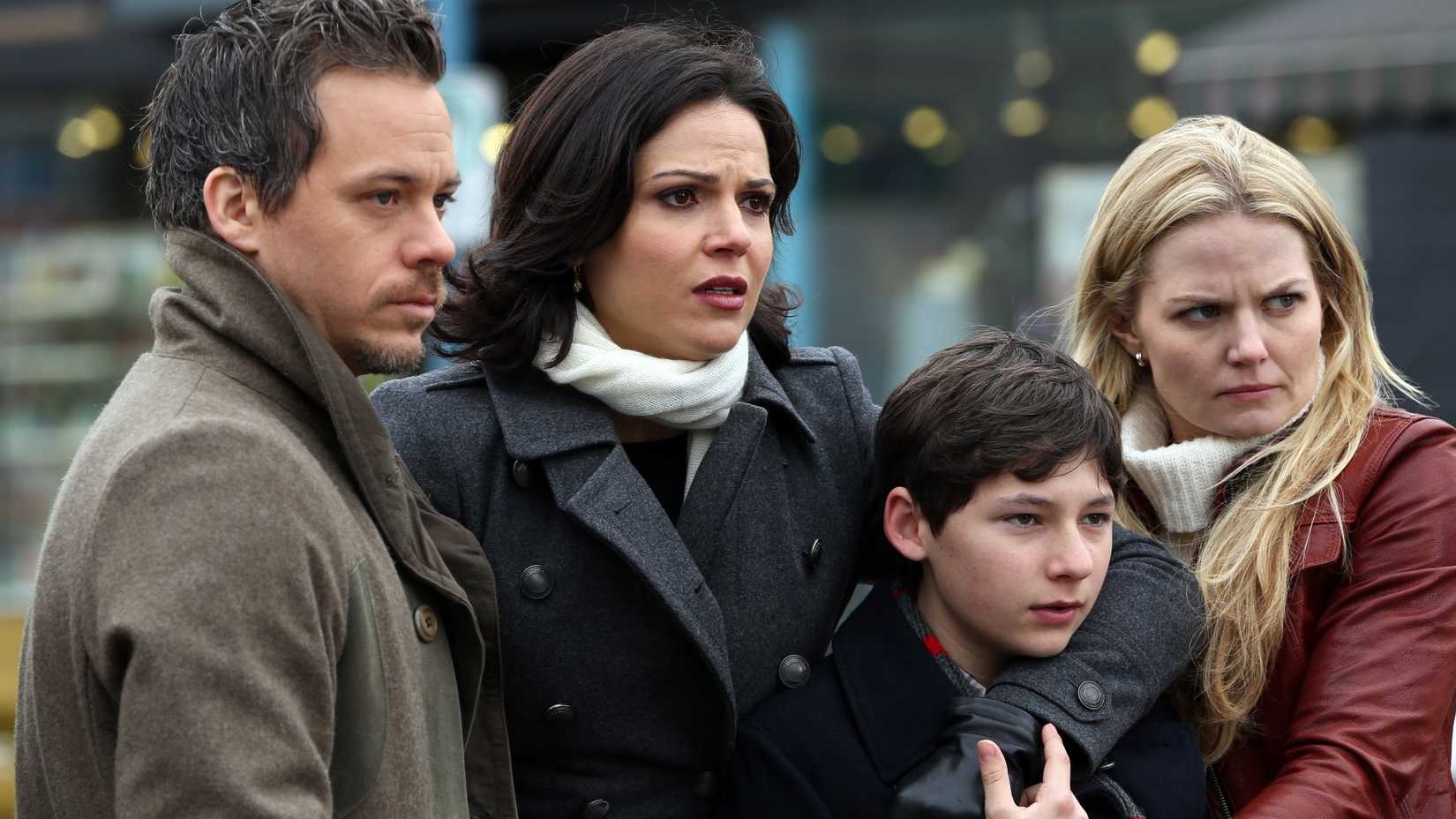 Neal, Regina, Henry, and Emma gathered together in Once Upon A Time