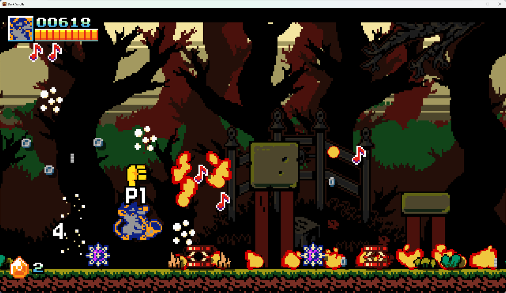 Nezumi the bard blasts flaming musical notes at first-level enemies in Dark Scrolls