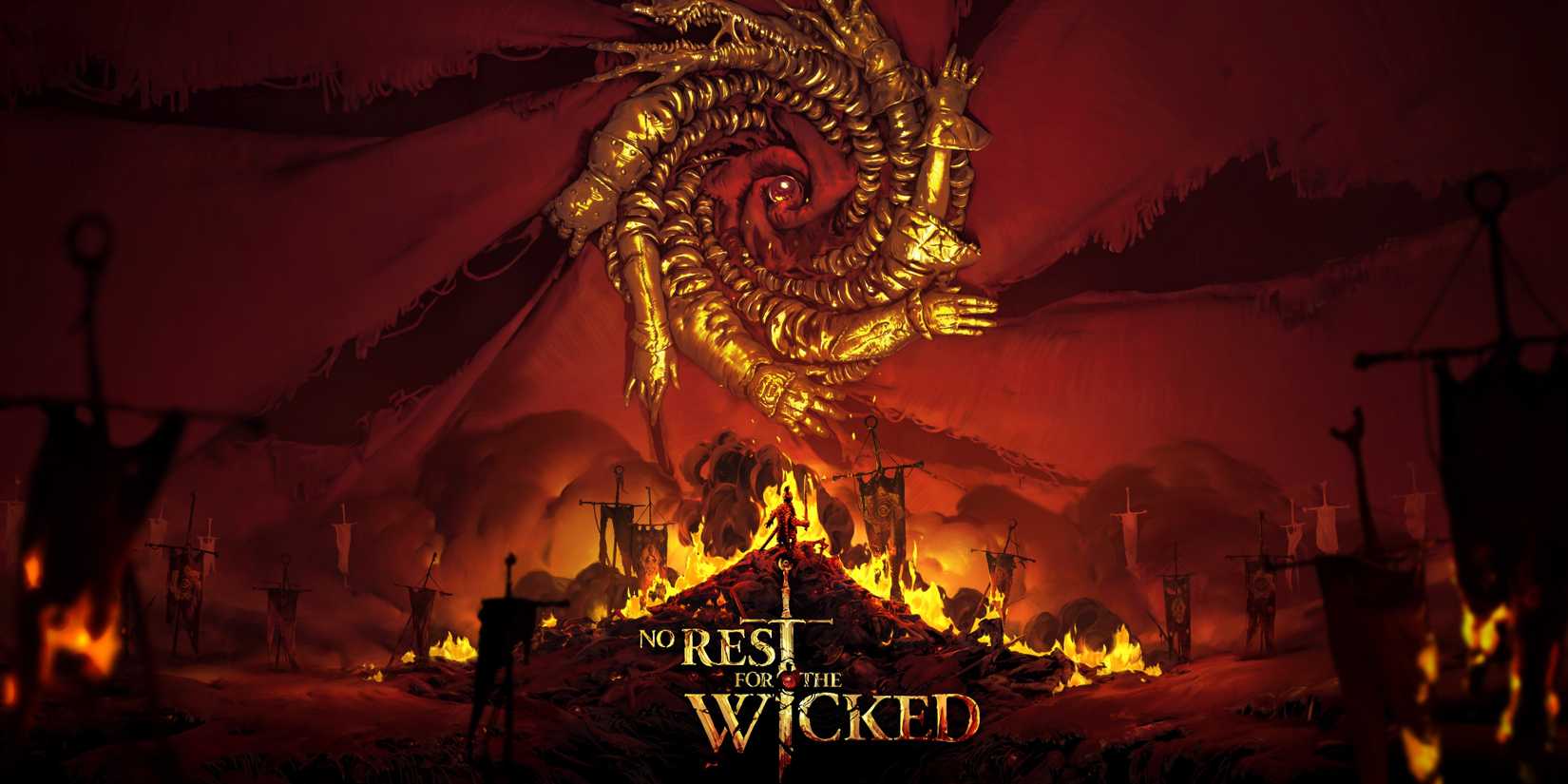 No Rest for the Wicked key art showing a character on a pile of burning debris looking up at a Lovecraftian spiral of giant arms.
