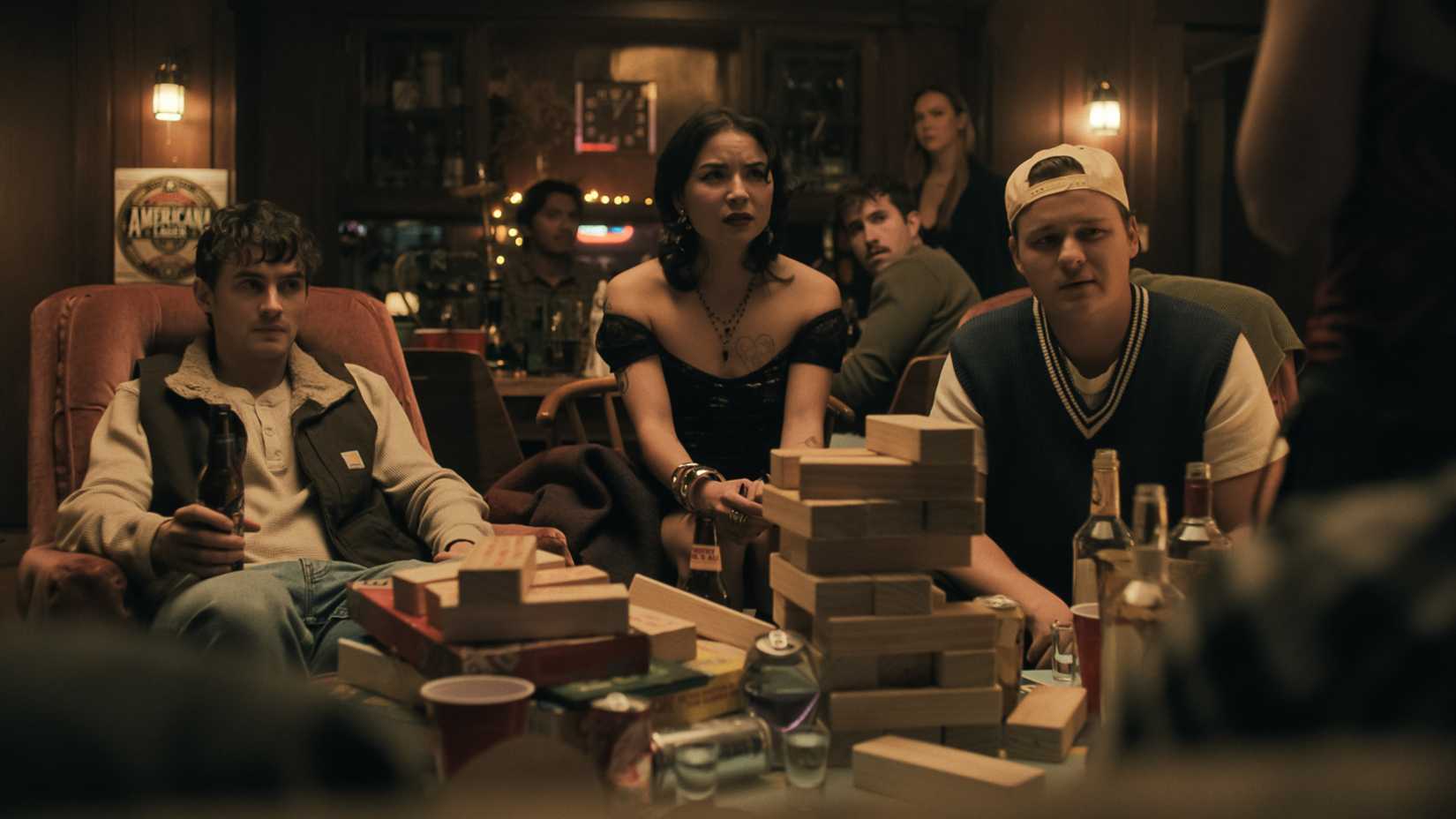 Obsession cast playing Jenga