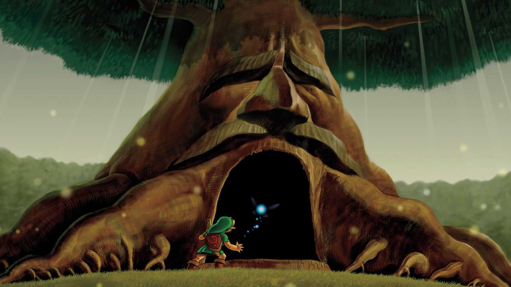 Ocarina of Time artwork of Link peering into the Great Deku Tree's open mouth.