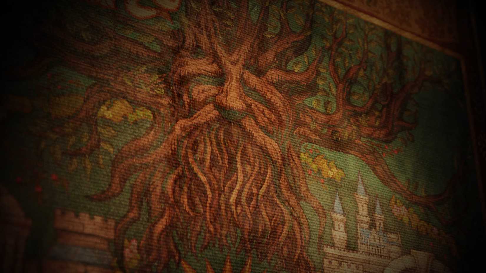 The Deku Tree on a tapestry in the Ocarina of Time remake.