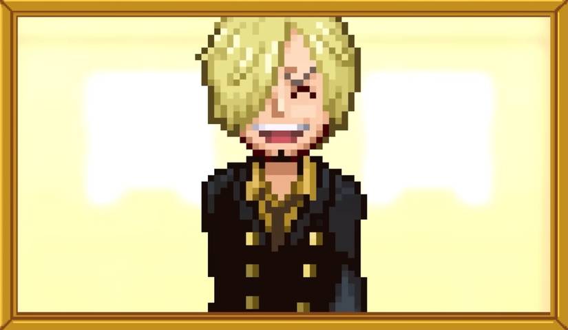 Une capture d'écran du jeu One Piece Grand Gourmet montre Sanji souriant avec le style pixel art du jeu.