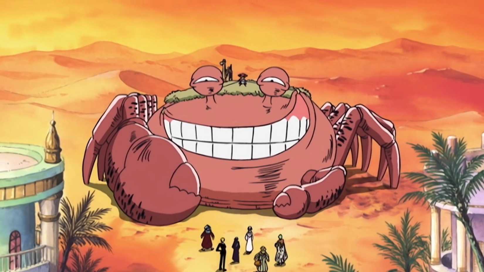 Hasami the giant crab creepily grinning at the Straw Hats at the edge of a town