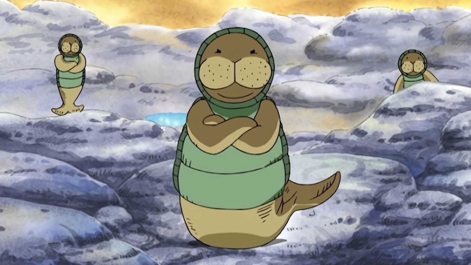 A Kun-Fu Dugong and two of his pals facing the Straw Hats