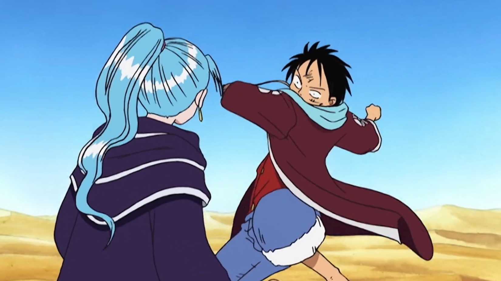 Luffy about to punch Vivi in the face out in the desert
