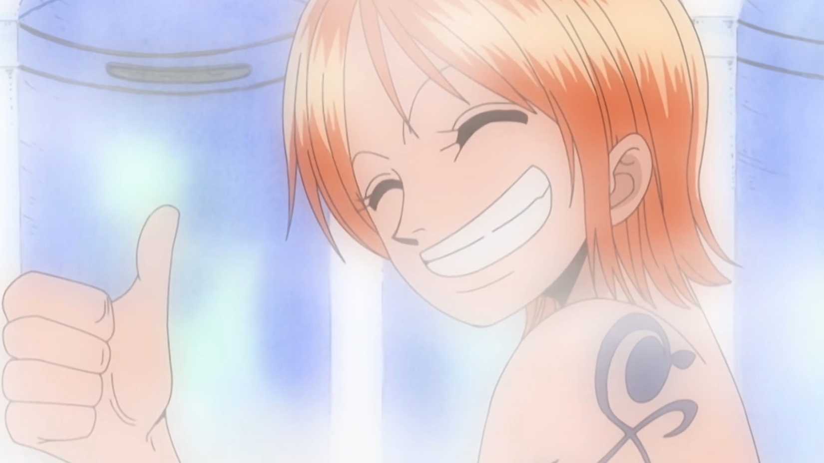 Nami giving Vivi a thumbs up and big smile inside the bath house