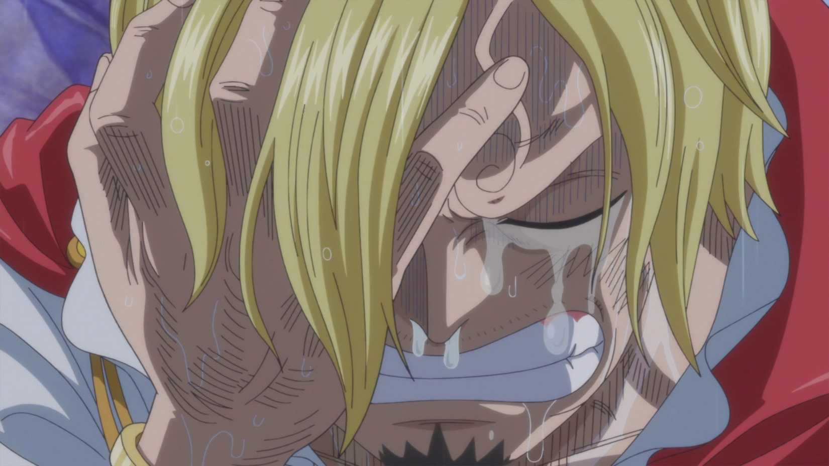 Screenshot from One Piece anime episode 825 shows Sanji crying after confessing his true feelings to Luffy on Whole Cake Island.