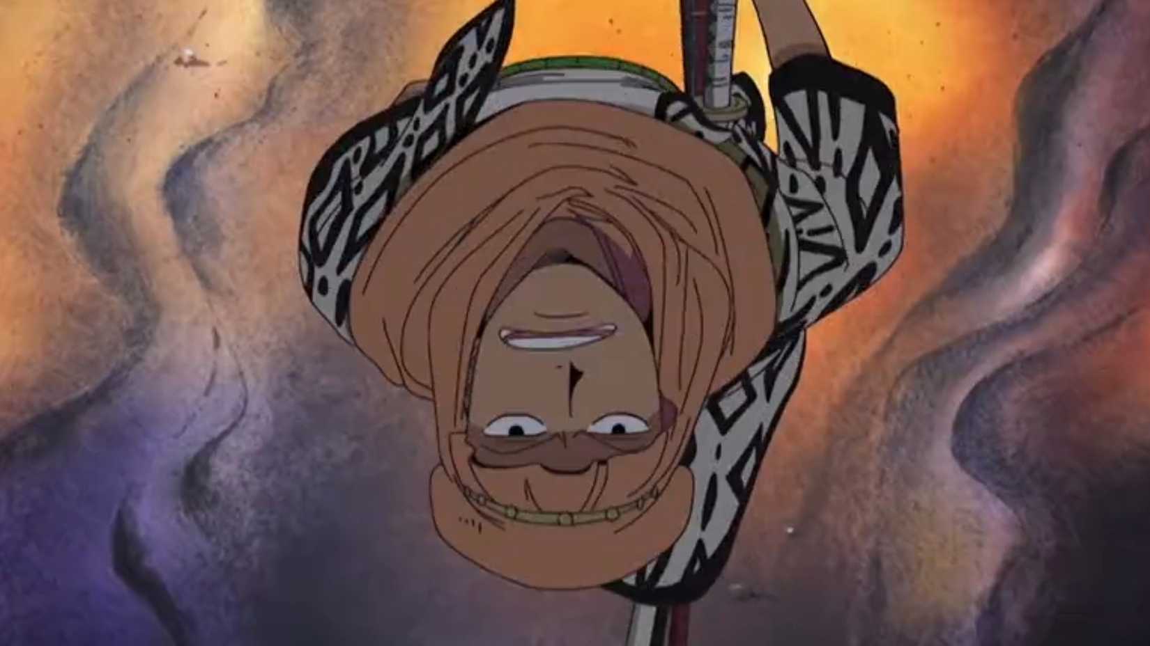 Zoro looking up from the ruins where he, Luffy, and Chopper are stuck