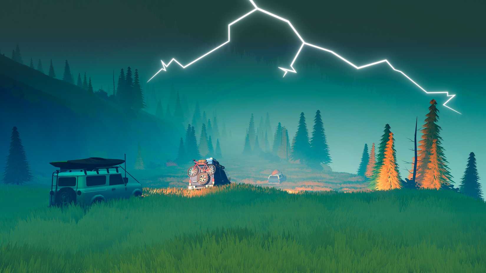 Over the Hill screenshot grassy hill in the evening with lightning