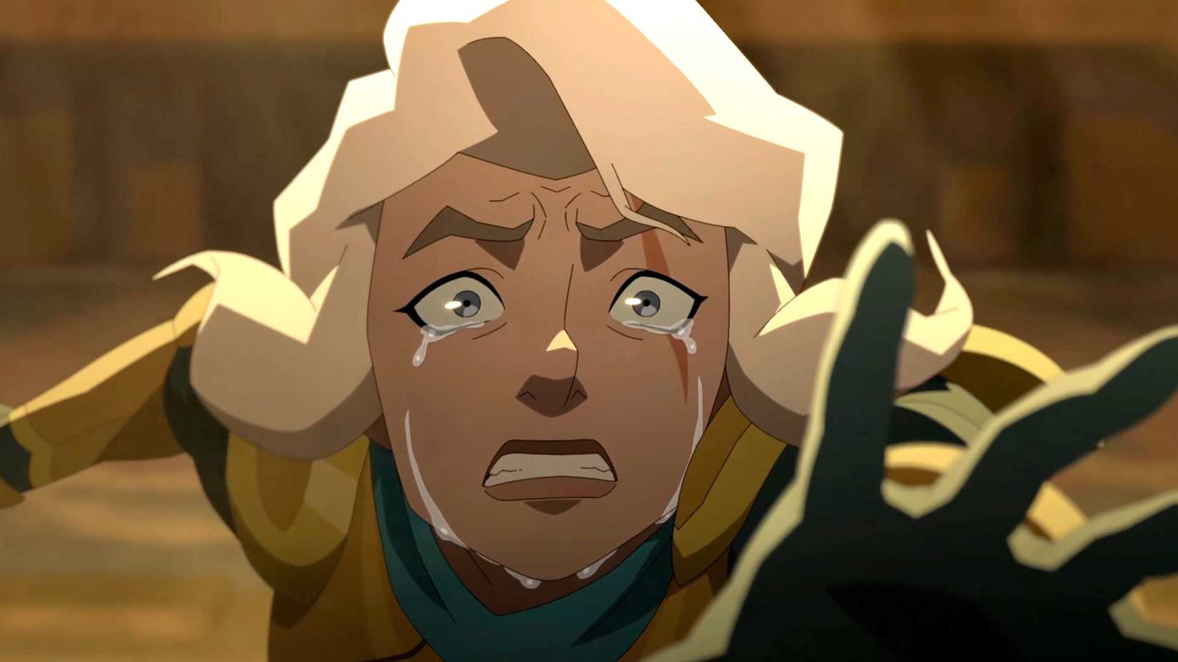 Pike crying with her hand outstretched in The Legend of Vox Machina season 4