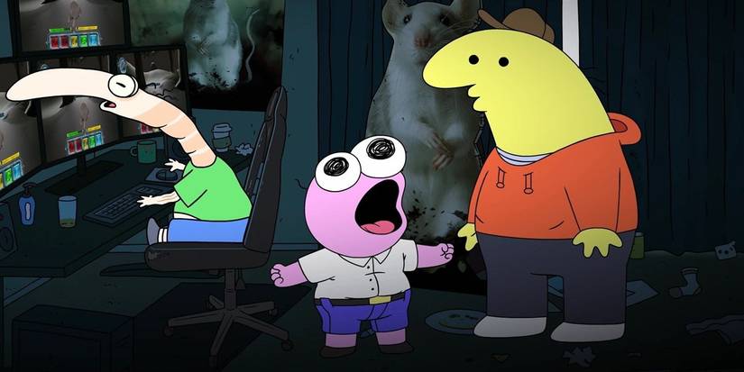 Pim and Charlie talk to Shrimp in Smiling Friends