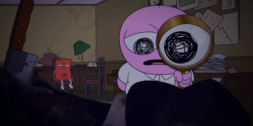 Pim using a magnifying glass in Smiling Friends