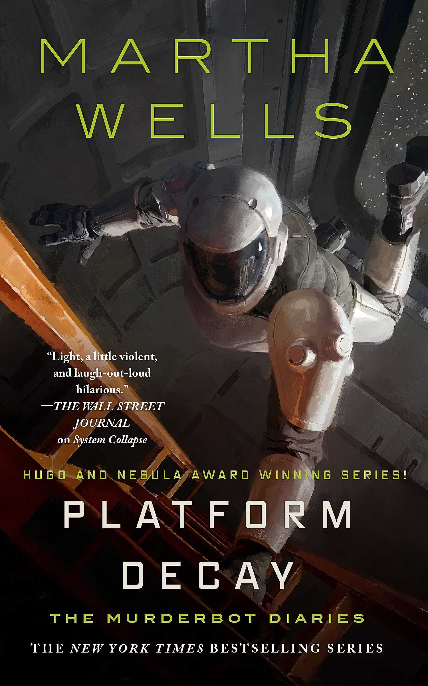 Platform Decay book cover, the Murderbot falling in zero gravity