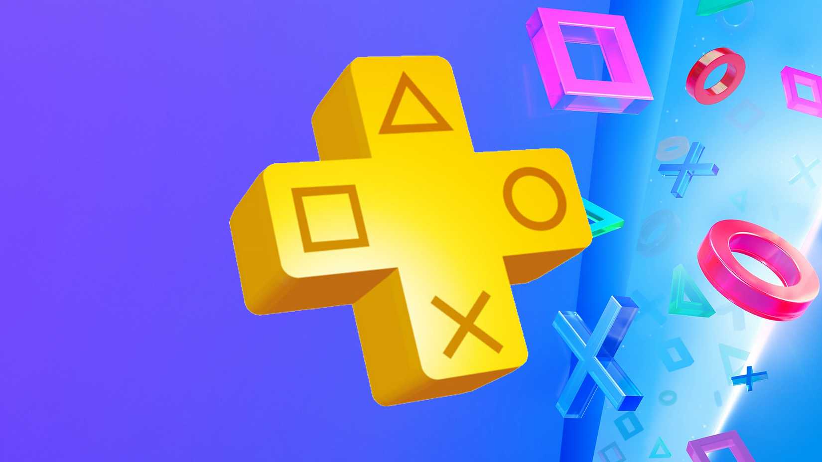 A yellow PlayStation Plus logo on a purple and blue background with the PlayStation controller icons in their respective colors.