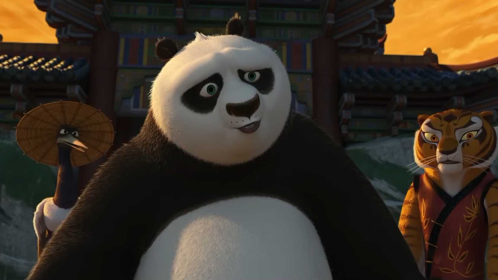 Po with his friends talking about the end of kung fu in kung fu panda 2