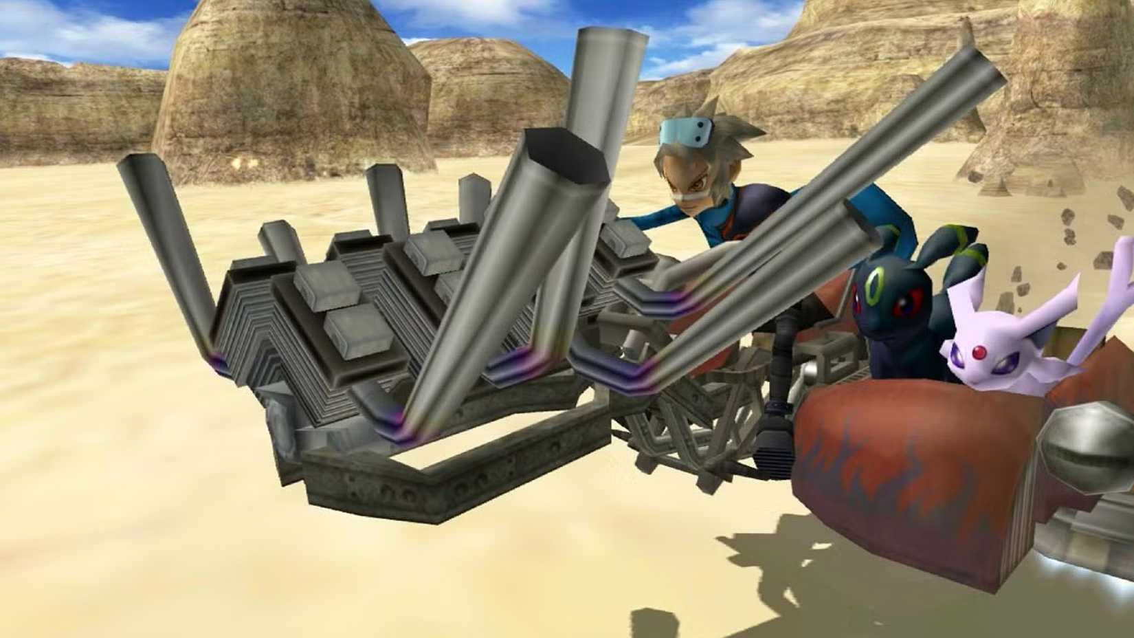 Wes driving a bike with Umbreon and Espeon in the side car in Pokemon Colosseum.
