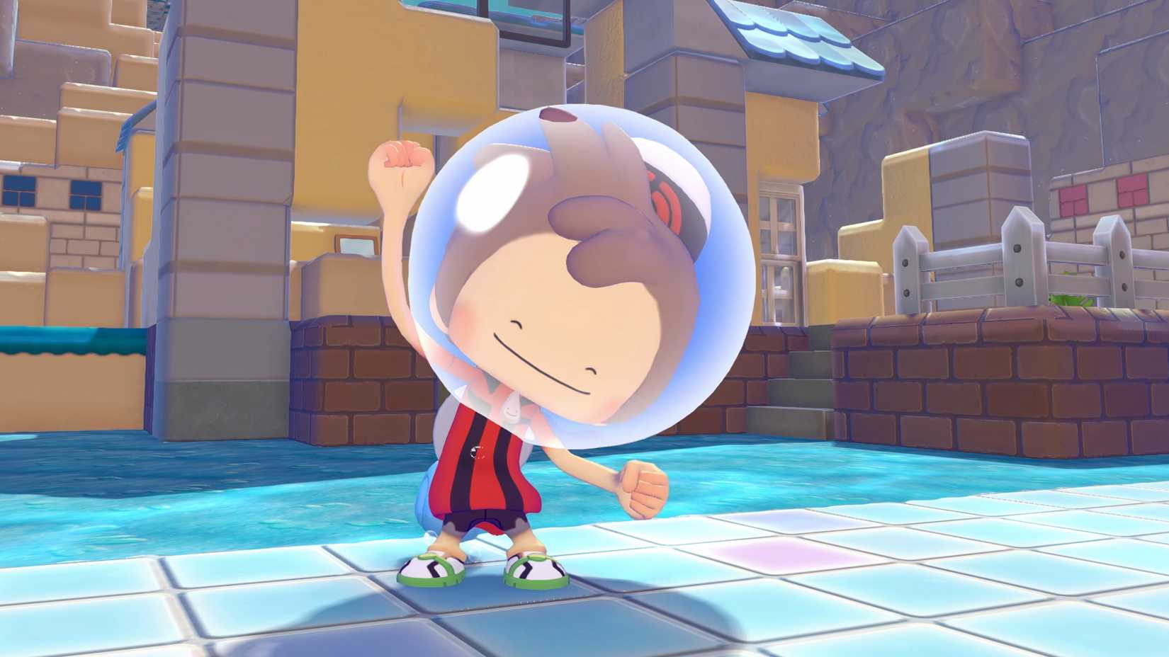 Ditto underwater with their head in a bubble, raising a fist in Pokémon Pokopia.