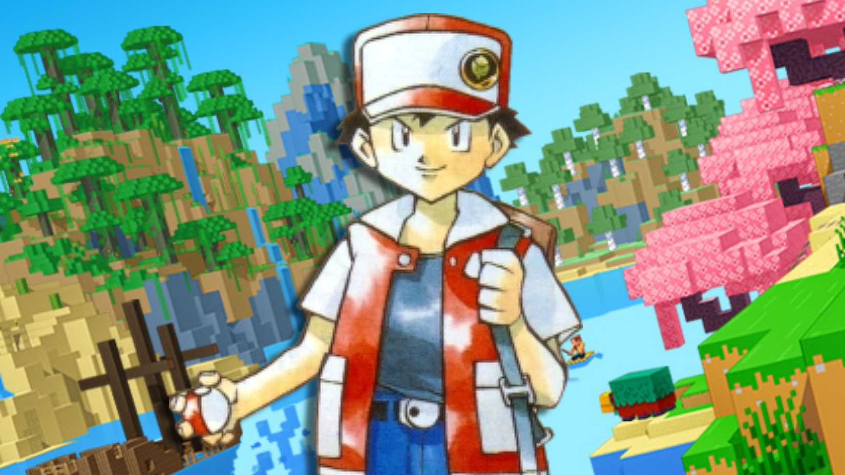 Red from Pokemon Red and Blue in front of gameplay of Minecraft.