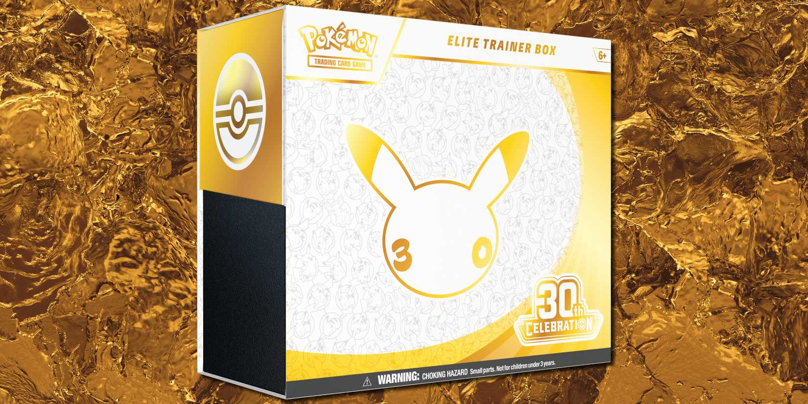 An Elite Trainer Box for Pokemon TCG 30th Celebration is superimposed over a golden background.