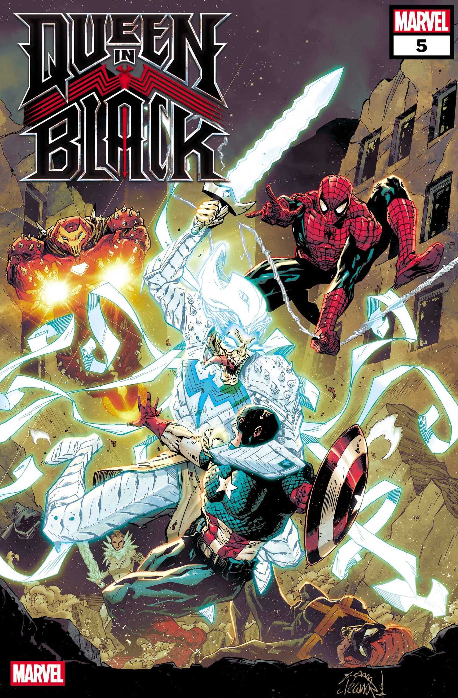 queen in black issue 5 cover, showing iron man's new armor